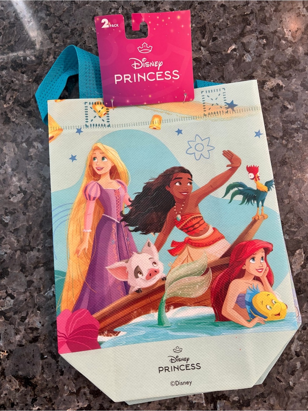 Disney Princess Tote Bag with Blue Handles featuring Rapunzel, Moana & Ariel